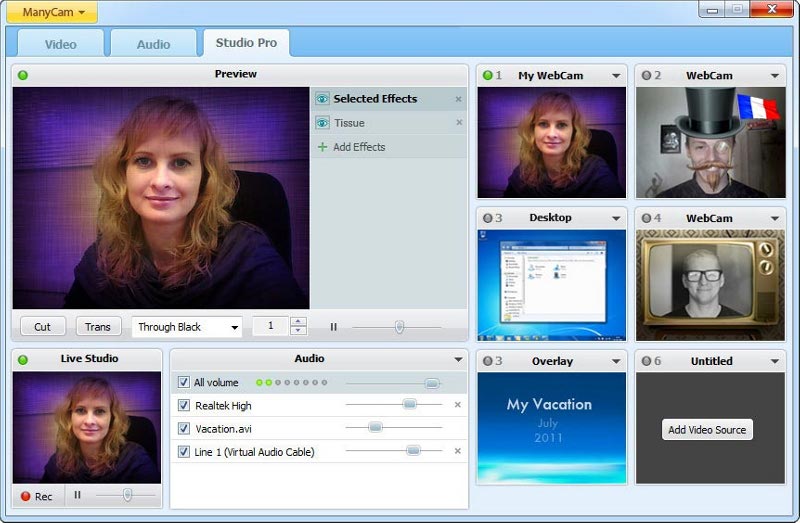 ManyCam free webcam effects software turns your webcam into a live video tool.